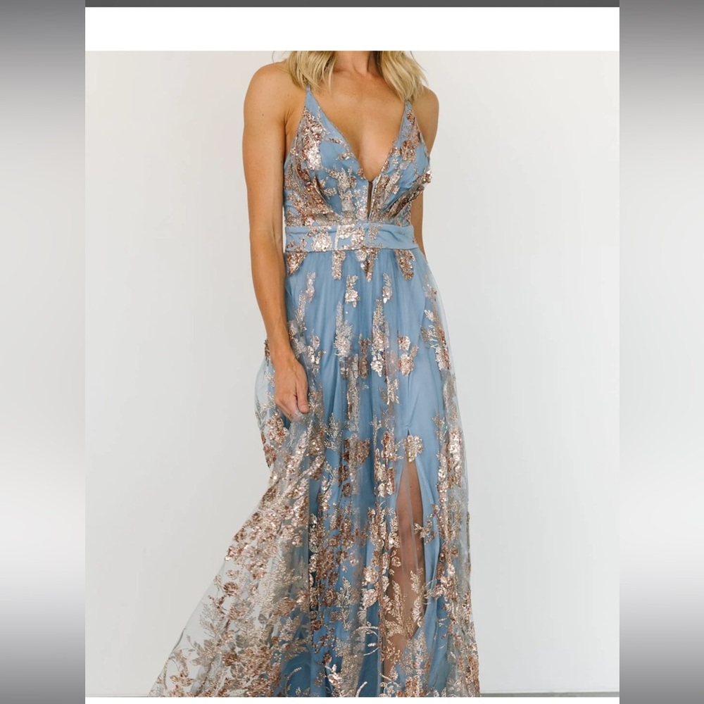 Brand new never worn Lucienne shimmer maxi gown, Light blue & Rose gold